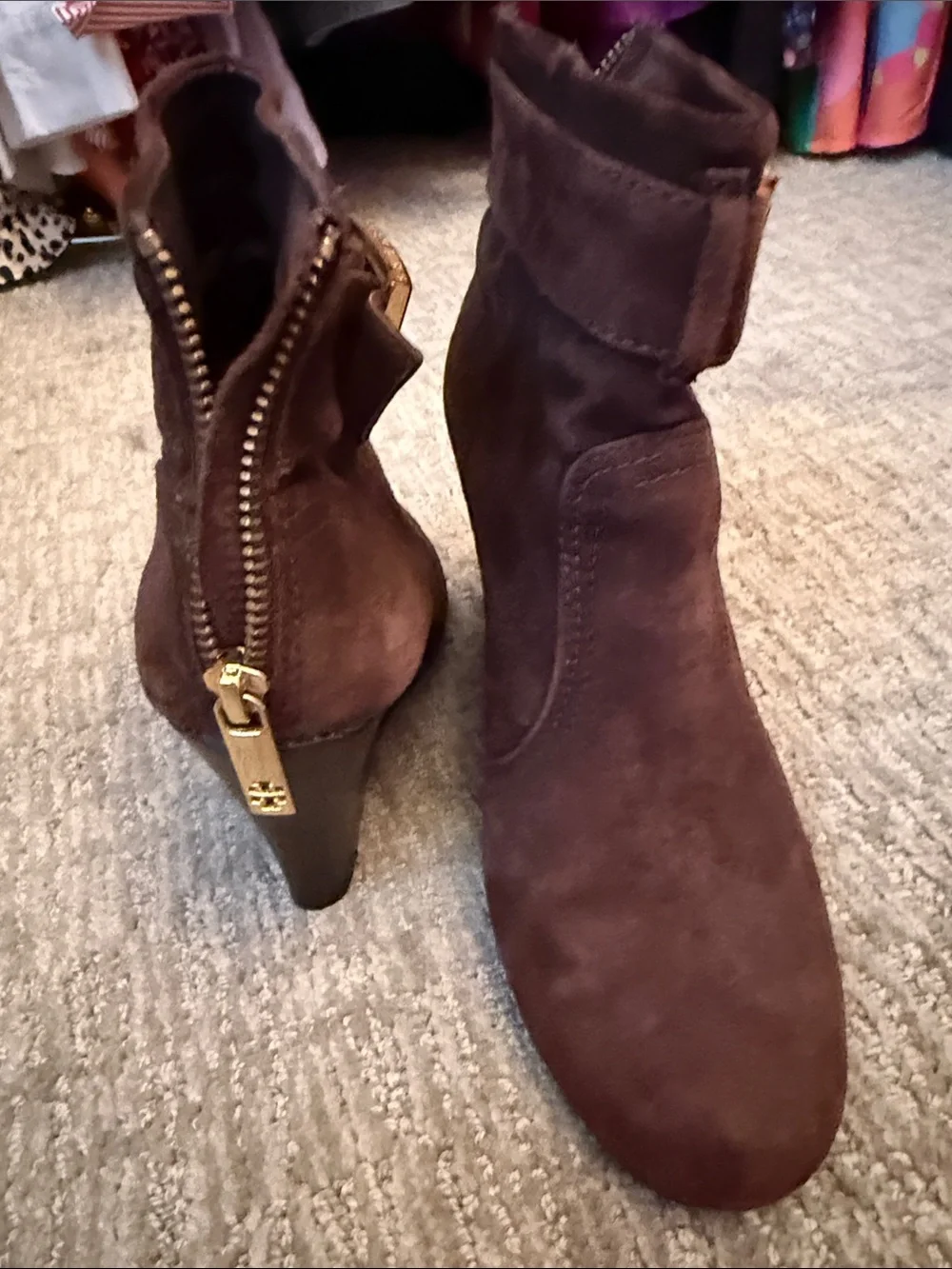 Tory Burch Dark Brown Suede Wedge Ankle Boots with Gold Buckle